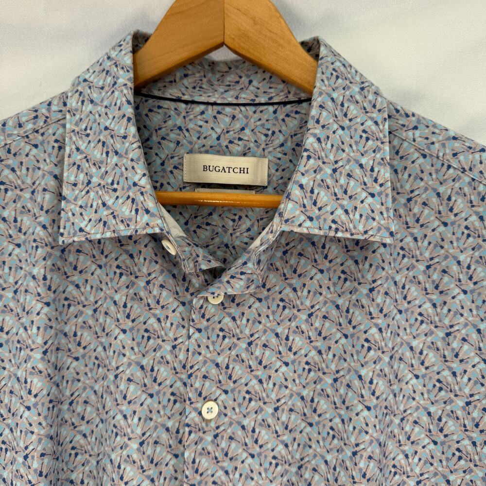 Bugatchi Shirt Mens XL Air Blue Guitar OoohCotton 8 Way Stretch Short Sleeve